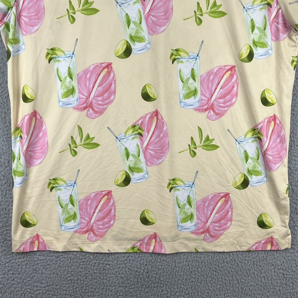 Bad Birdie Polo Shirt Mens XXL Yellow Pink Lime Drink Floral Allover Print S/S - Picture 8 of 12